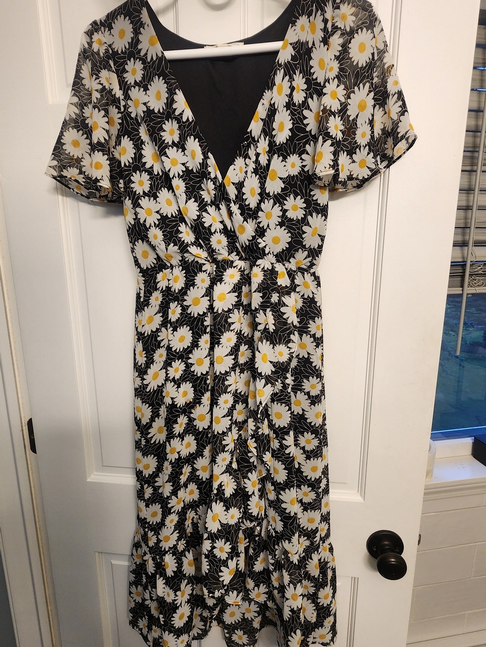 Rewind Black Daisy Wrap Midi Dress with Yellow Centers